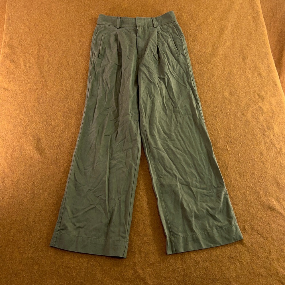 Everlane Womens 4S Olive Green Pleated Tencel Cotton Wide Leg Pants New